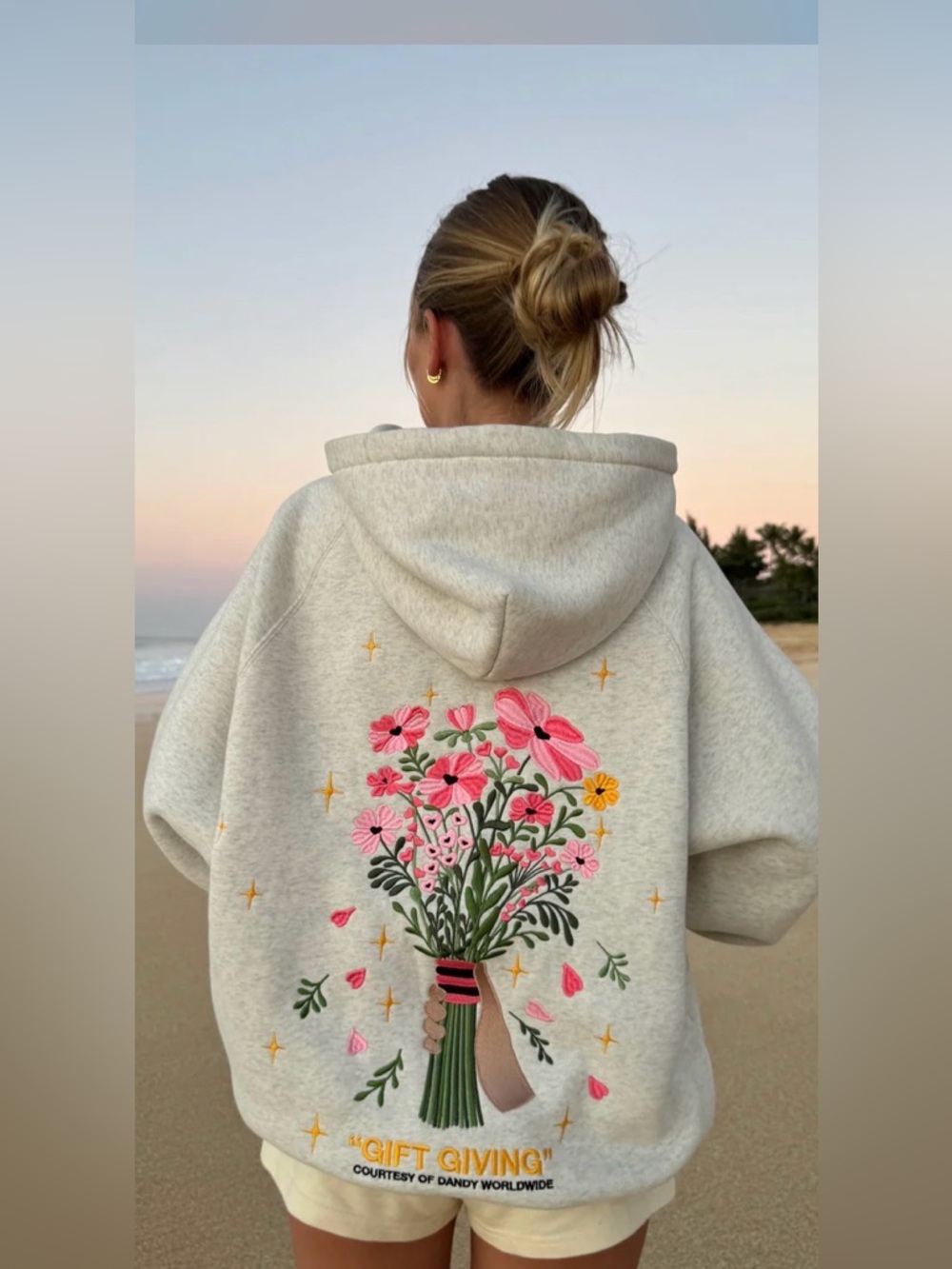 Dandy Gift giving Embroidered Floral Bouquet Hoodie - Heather Gray & Pink